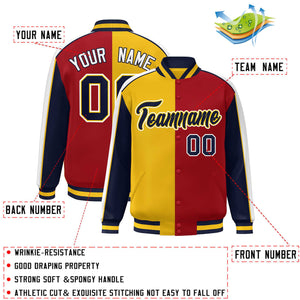 Custom Gold Red Navy-White Color Block Bomber Varsity Full-Snap Baseball Jacket