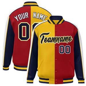 Custom Gold Red Navy-White Color Block Bomber Varsity Full-Snap Baseball Jacket