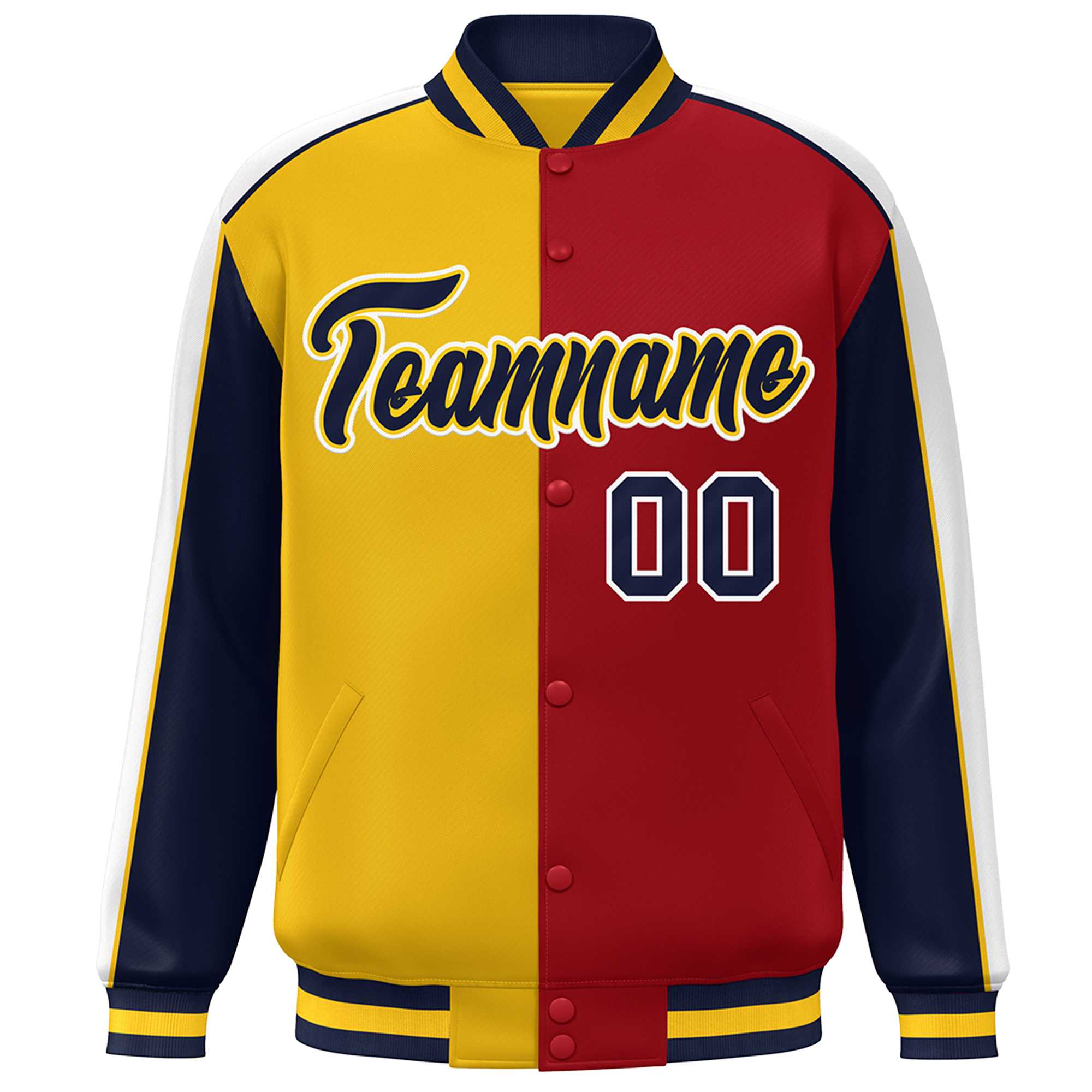 Custom Gold Red Navy-White Color Block Bomber Varsity Full-Snap Baseball Jacket