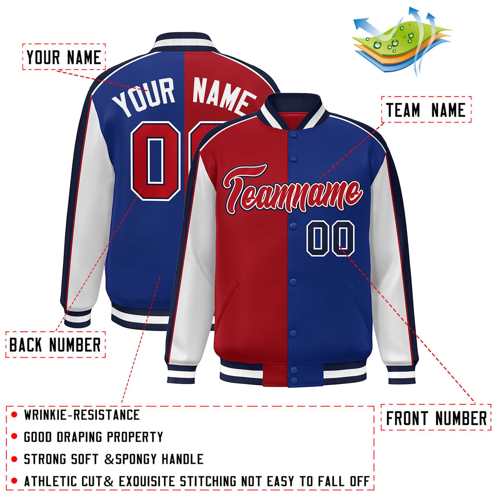 Custom Red Royal White-Navy Color Block Bomber Varsity Full-Snap Baseball Jacket