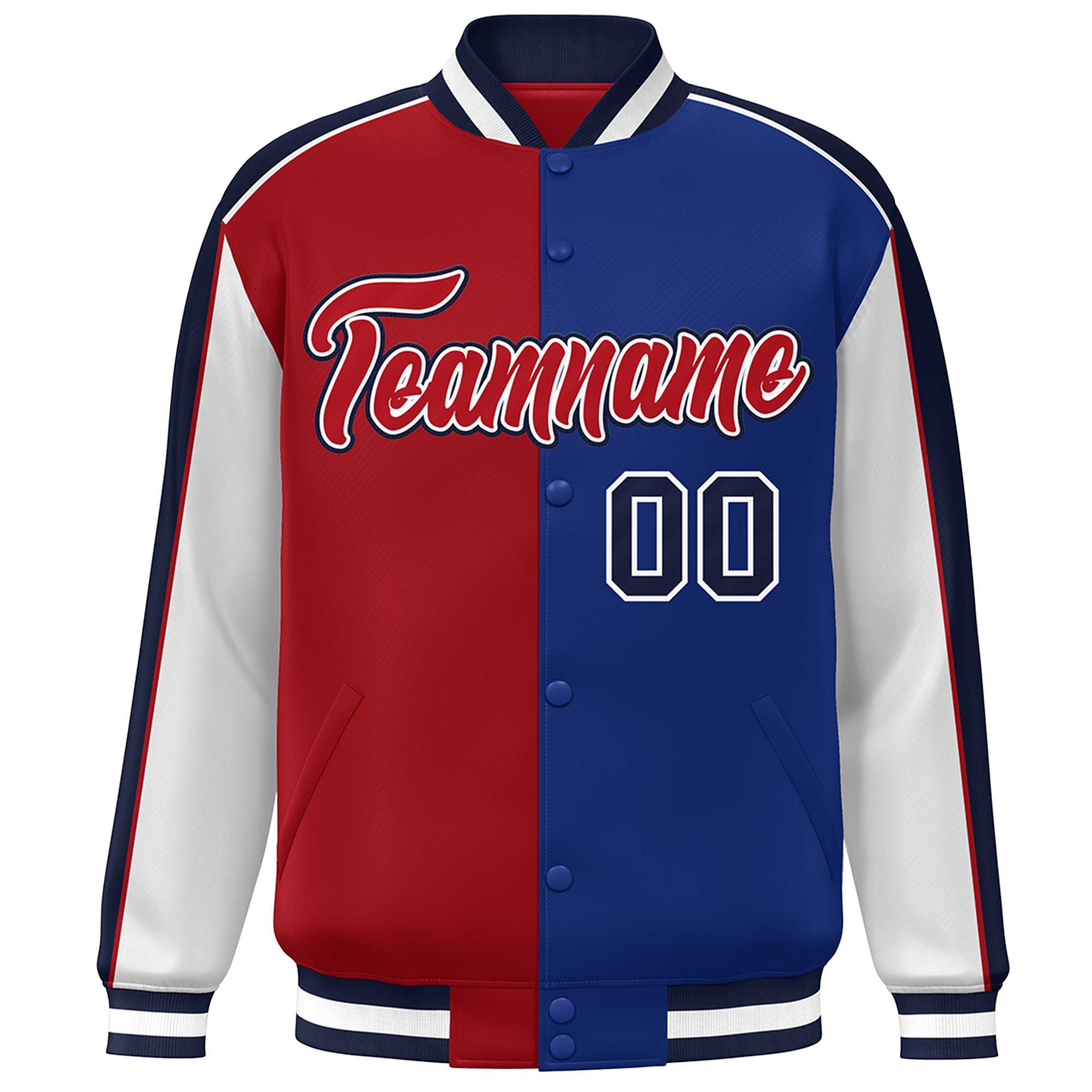 Custom Red Royal White-Navy Color Block Bomber Varsity Full-Snap Baseball Jacket