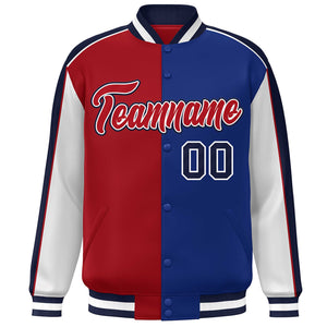 Custom Red Royal White-Navy Color Block Bomber Varsity Full-Snap Baseball Jacket