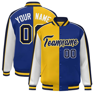 Custom Gold Royal White-Navy Color Block Bomber Varsity Full-Snap Baseball Jacket