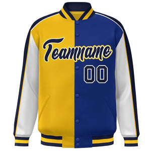 Custom Gold Royal White-Navy Color Block Bomber Varsity Full-Snap Baseball Jacket