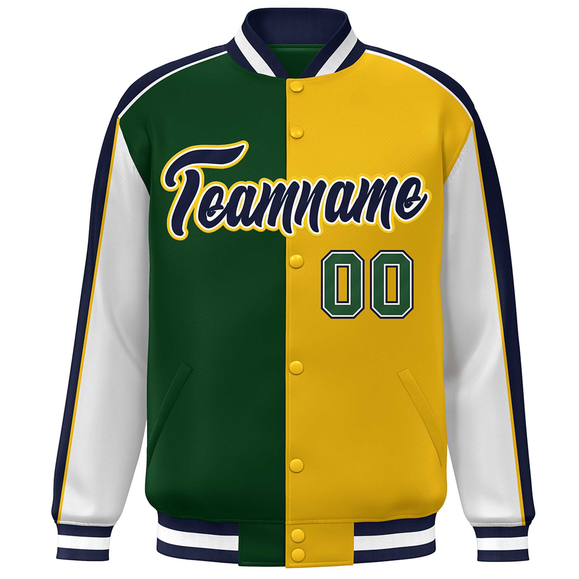 Custom Green Gold White-Navy Color Block Bomber Varsity Full-Snap Baseball Jacket