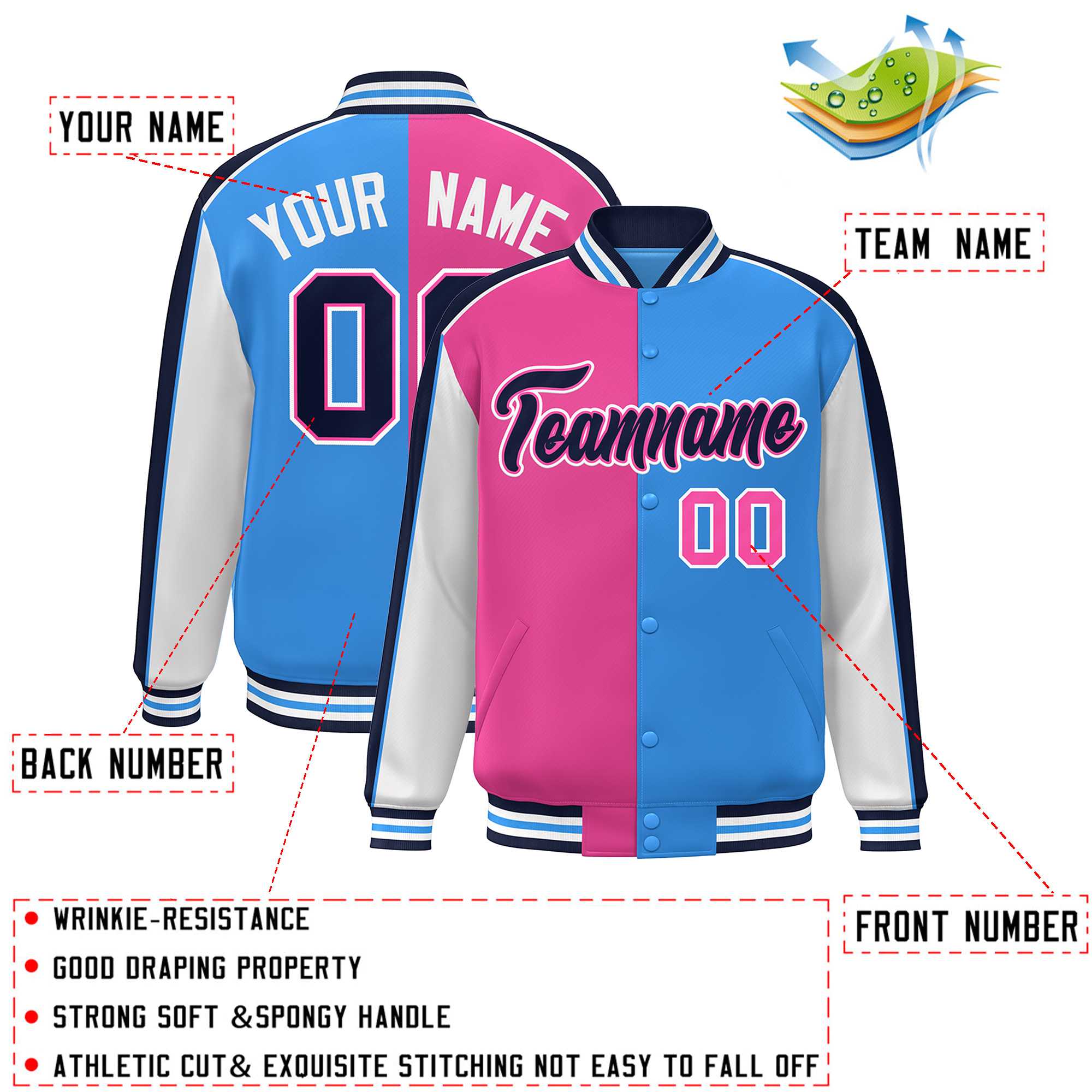 Custom Pink Powder Blue White-Navy Color Block Bomber Varsity Full-Snap Baseball Jacket