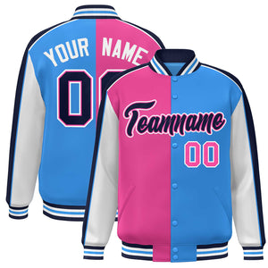 Custom Pink Powder Blue White-Navy Color Block Bomber Varsity Full-Snap Baseball Jacket