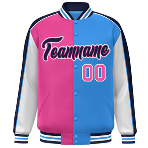 Custom Pink Powder Blue White-Navy Color Block Bomber Varsity Full-Snap Baseball Jacket