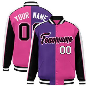 Custom Purple Pink Black-White Color Block Bomber Varsity Full-Snap Baseball Jacket