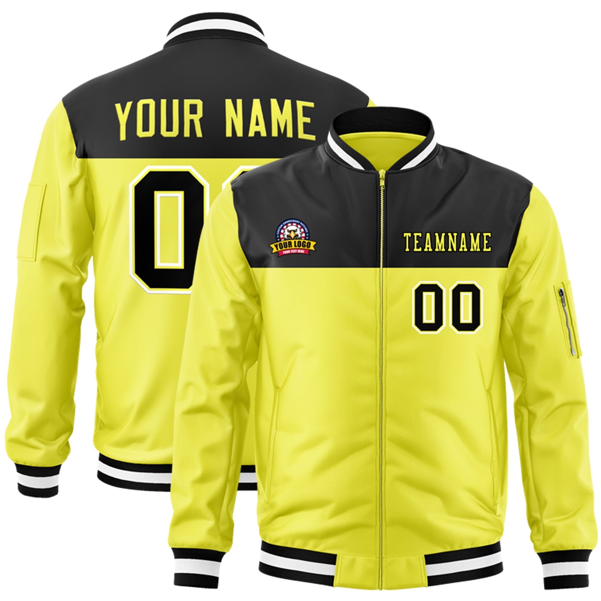 Custom Black Gold Varsity Full-Zip Color Block Letterman Bomber Jacket