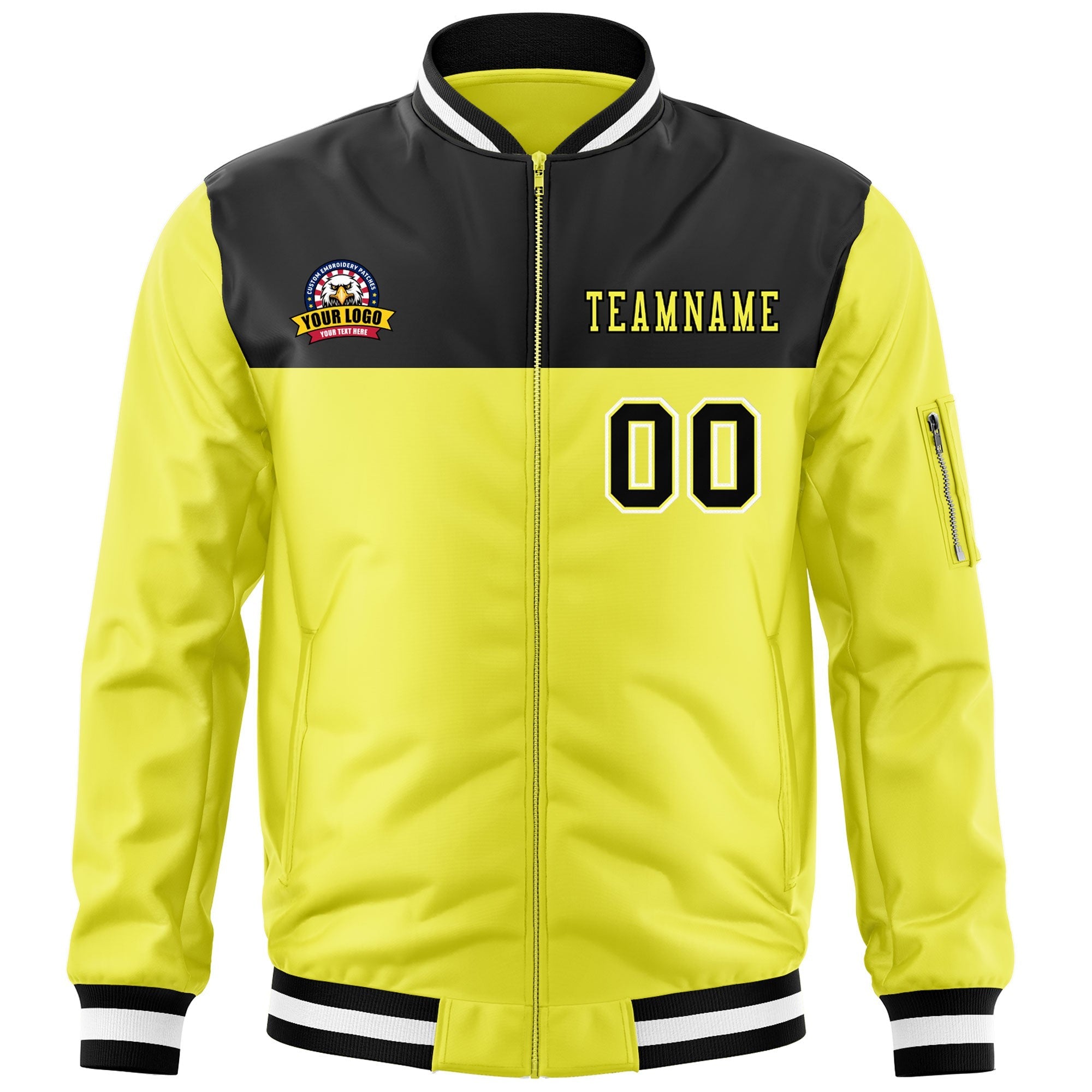 Custom Black Gold Varsity Full-Zip Color Block Letterman Bomber Jacket