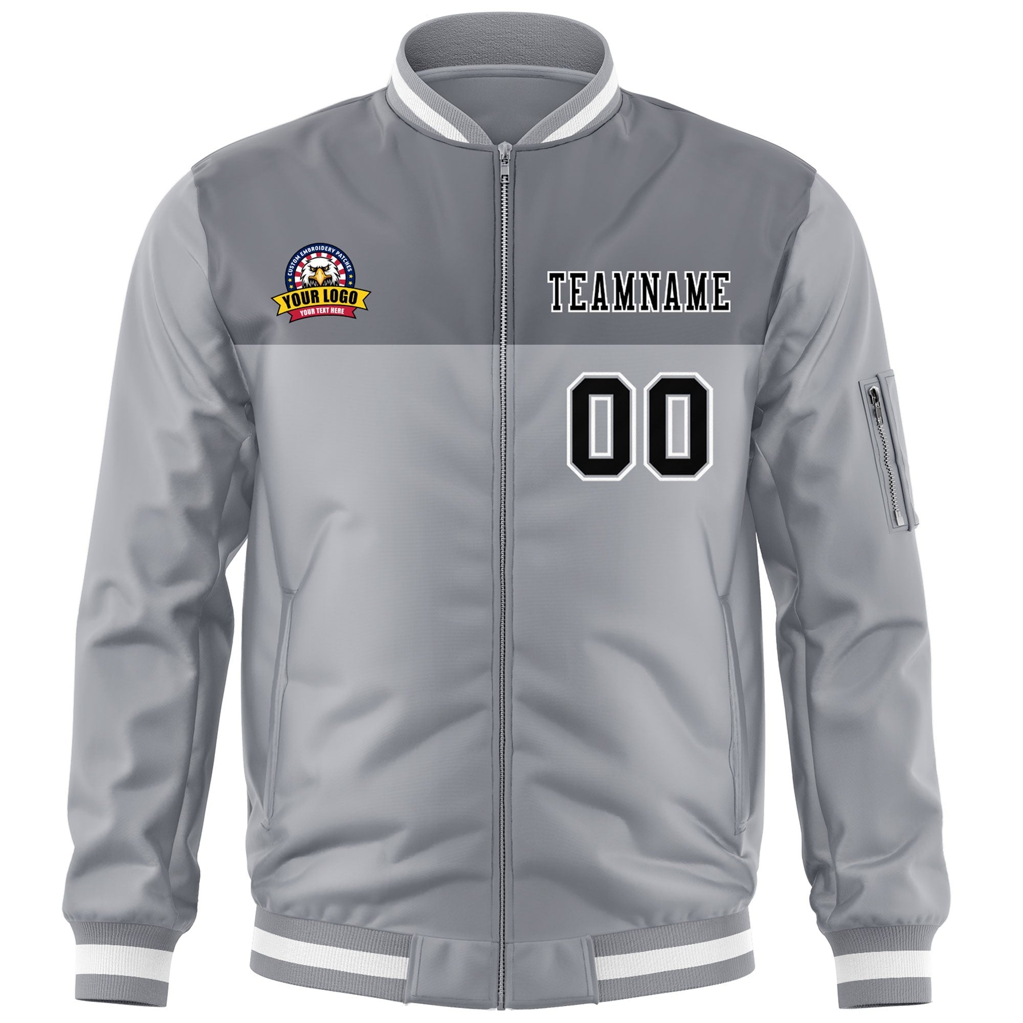 Custom Gray Black Varsity Full-Zip Color Block Letterman Bomber Jacket