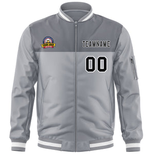 Custom Gray Black Varsity Full-Zip Color Block Letterman Bomber Jacket