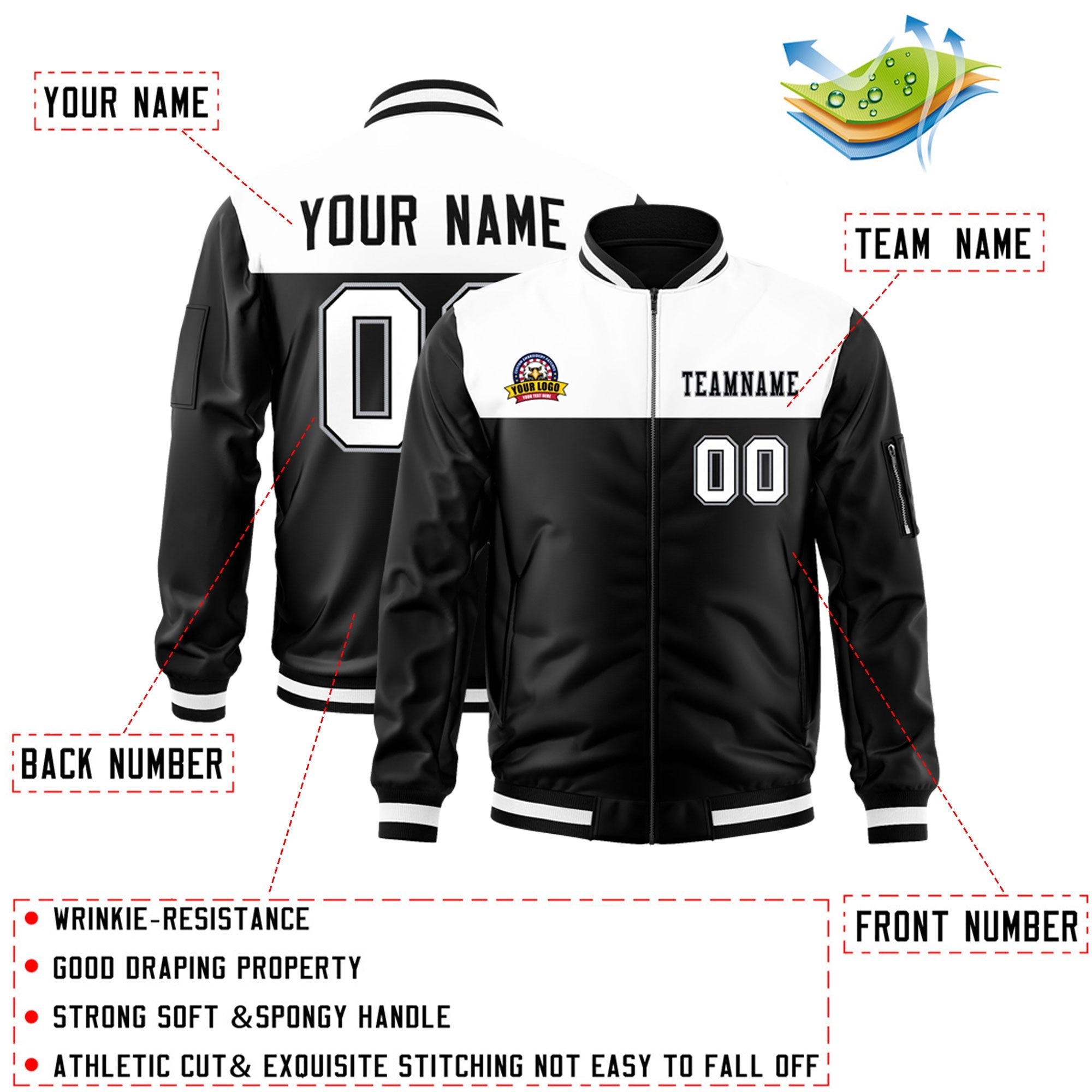 Custom White Black Varsity Full-Zip Color Block Letterman Bomber Jacket