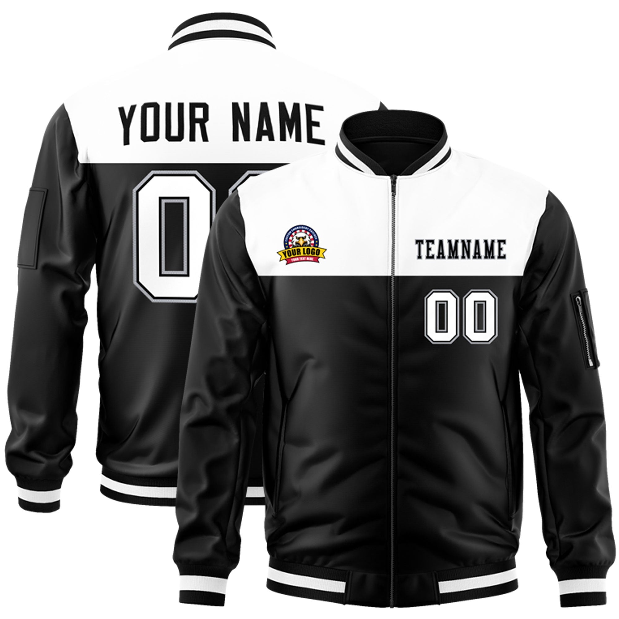 Custom White Black Varsity Full-Zip Color Block Letterman Bomber Jacket