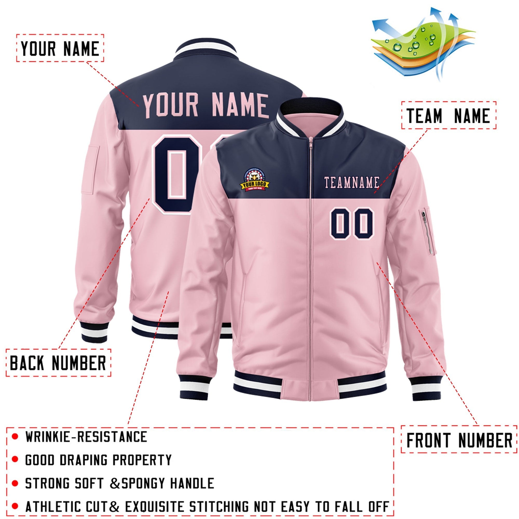 Custom Navy Pink Varsity Full-Zip Color Block Letterman Bomber Jacket