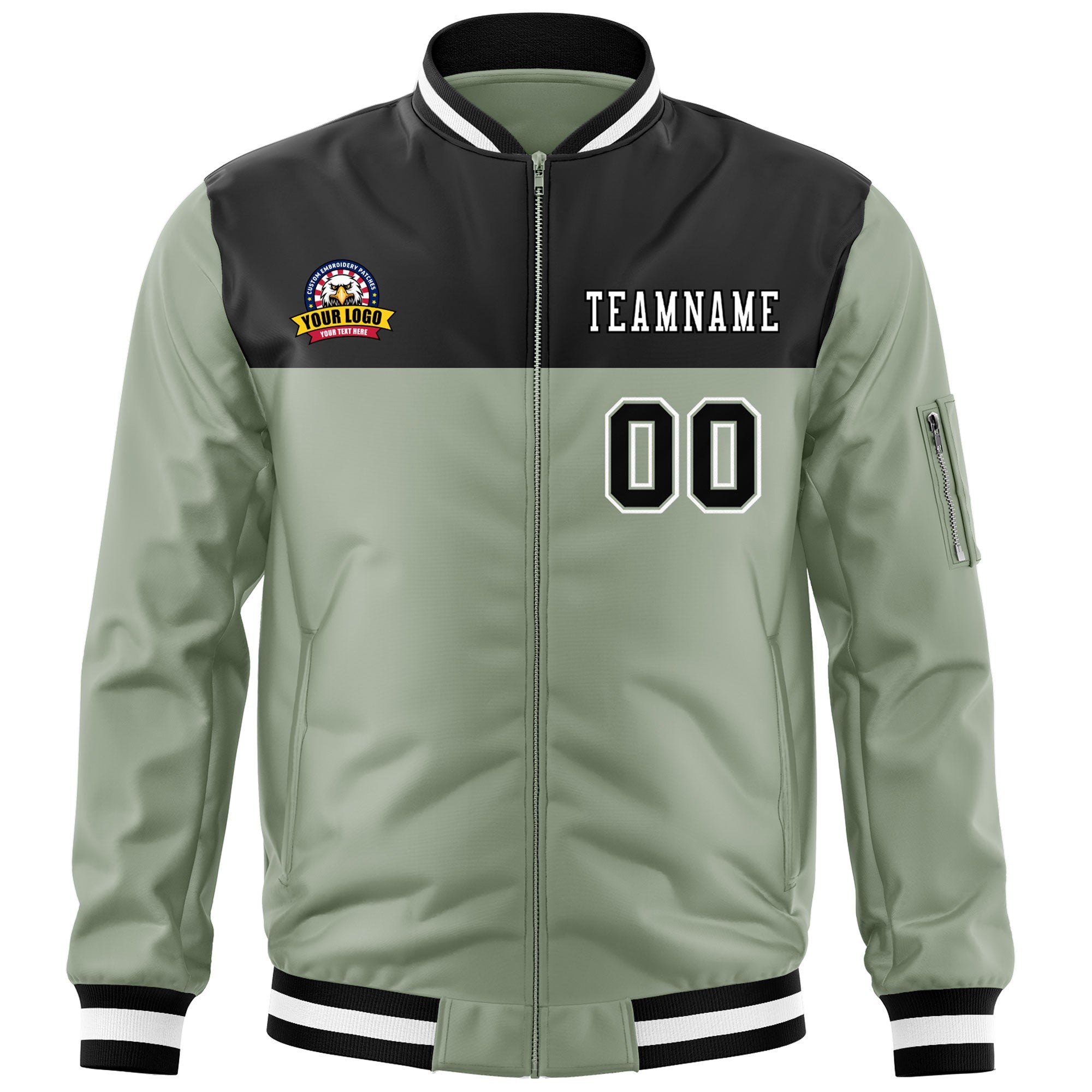 Custom Black Green Varsity Full-Zip Color Block Letterman Bomber Jacket