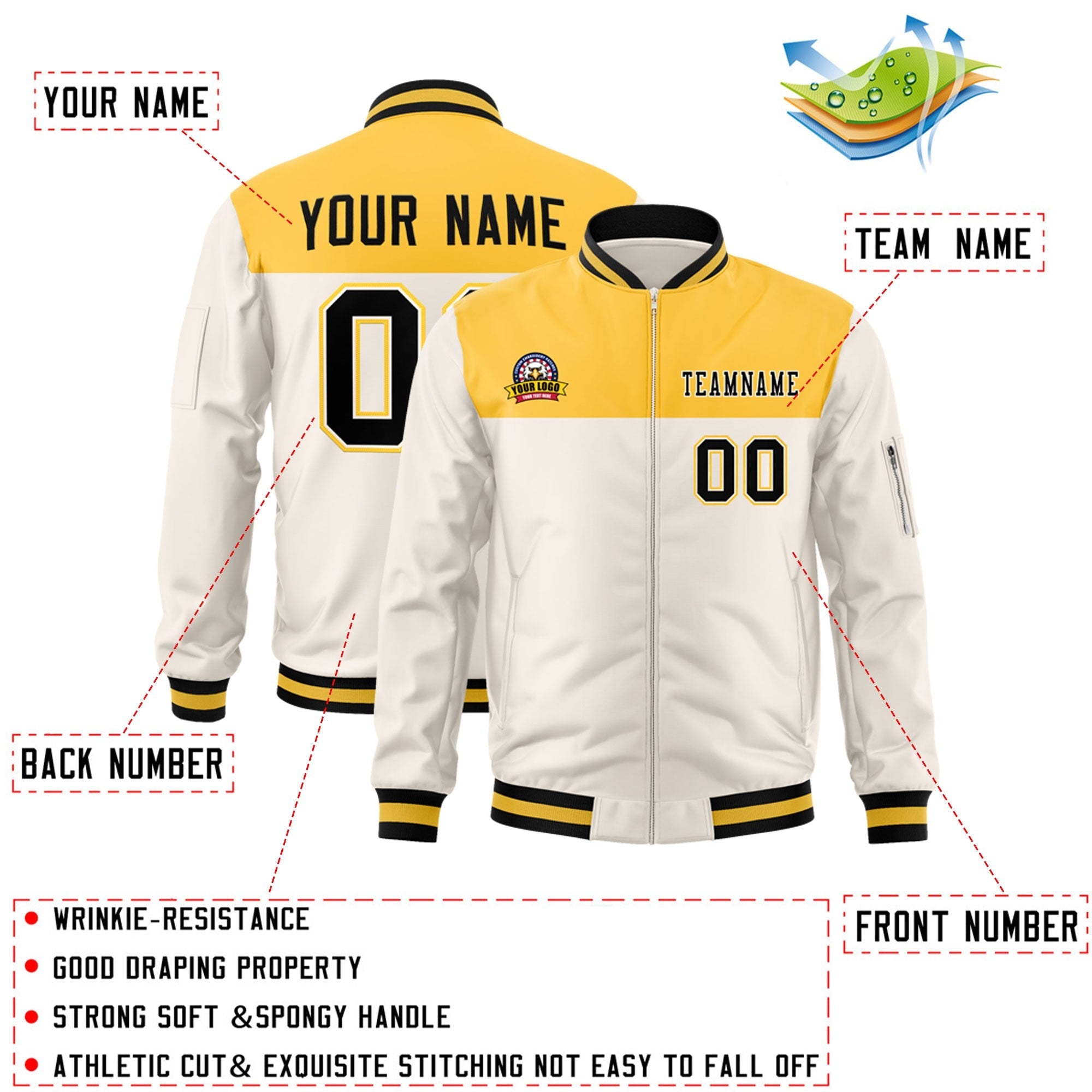 Custom Yellow Cream Varsity Full-Zip Color Block Letterman Bomber Jacket