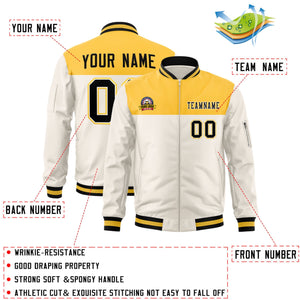 Custom Yellow Cream Varsity Full-Zip Color Block Letterman Bomber Jacket