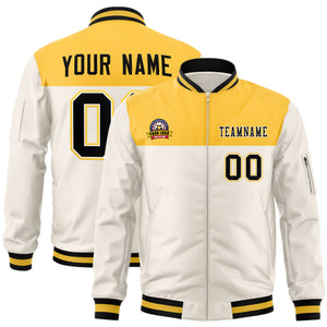 Custom Yellow Cream Varsity Full-Zip Color Block Letterman Bomber Jacket