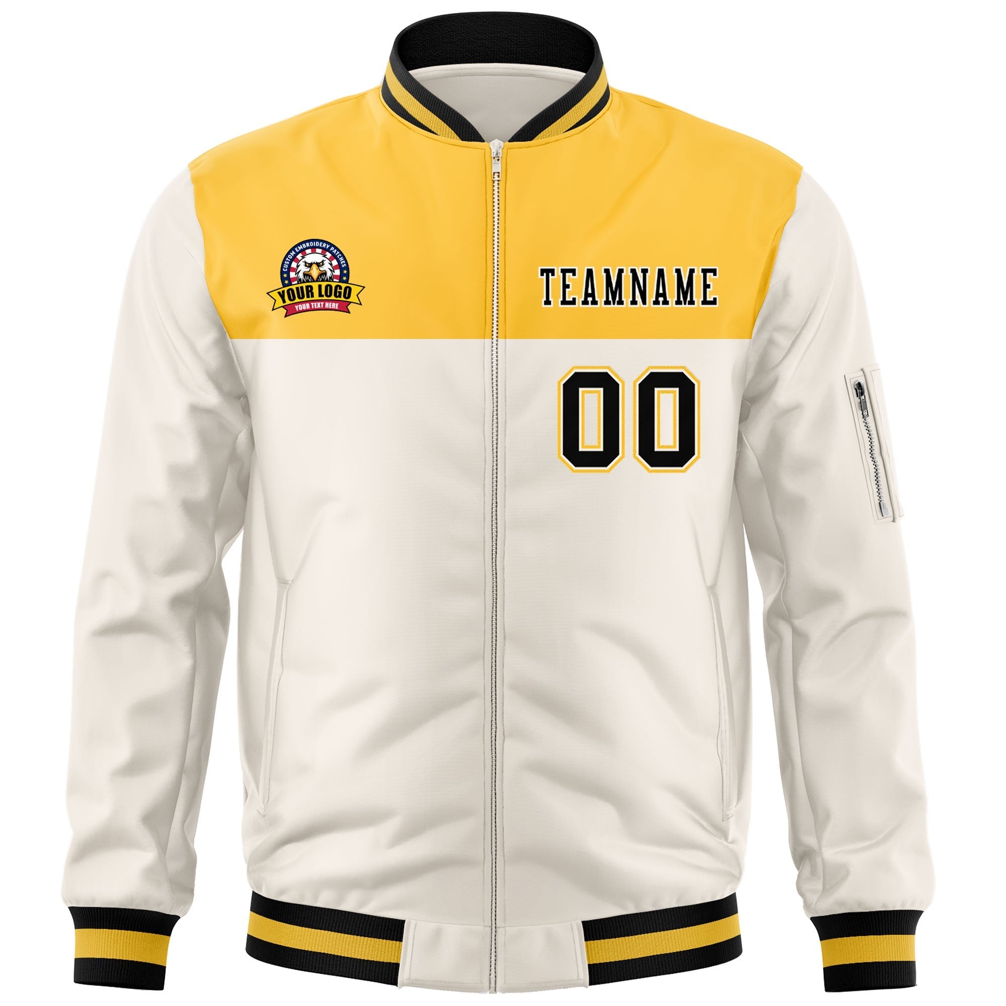 Custom Yellow Cream Varsity Full-Zip Color Block Letterman Bomber Jacket