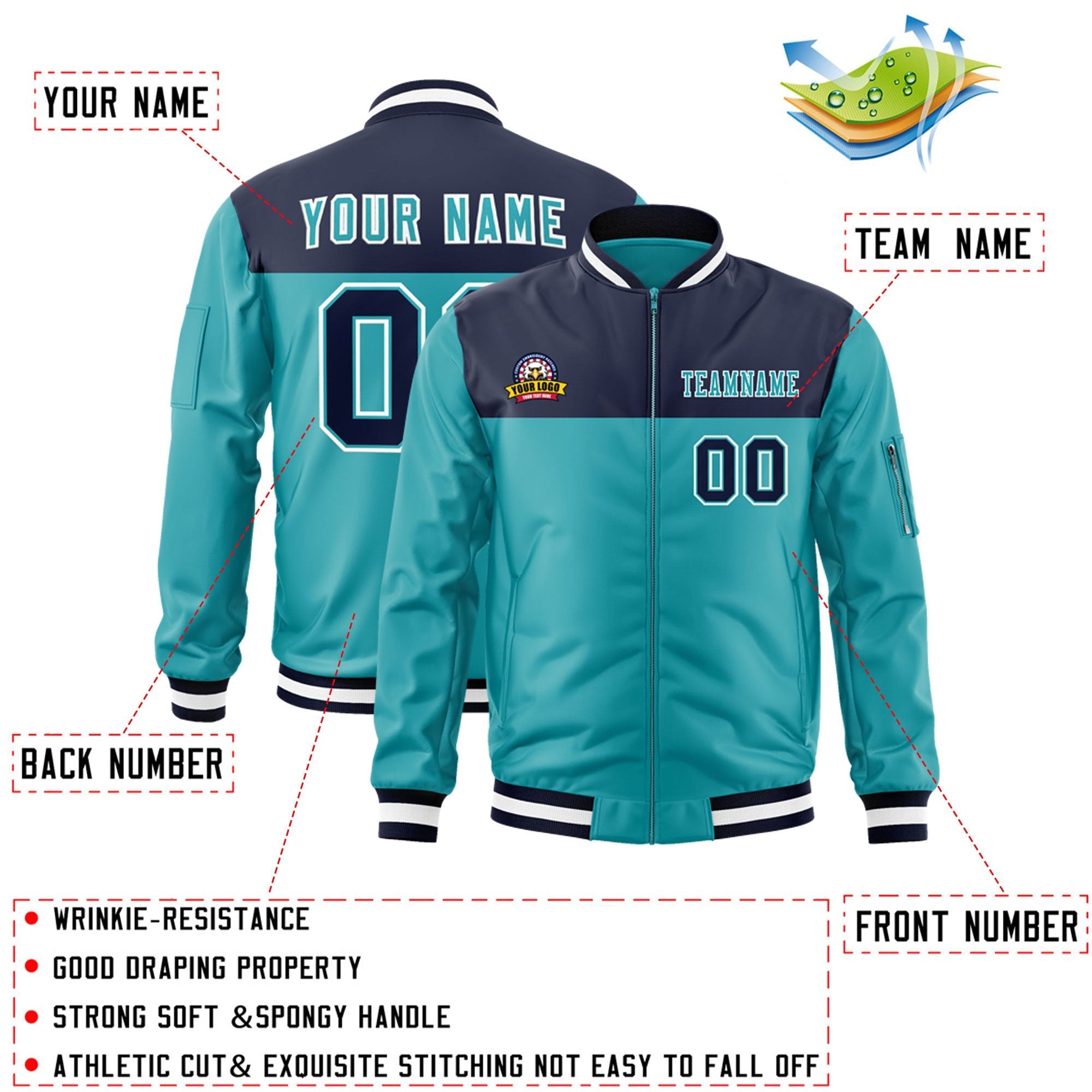 Custom Navy Aqua Varsity Full-Zip Color Block Letterman Bomber Jacket