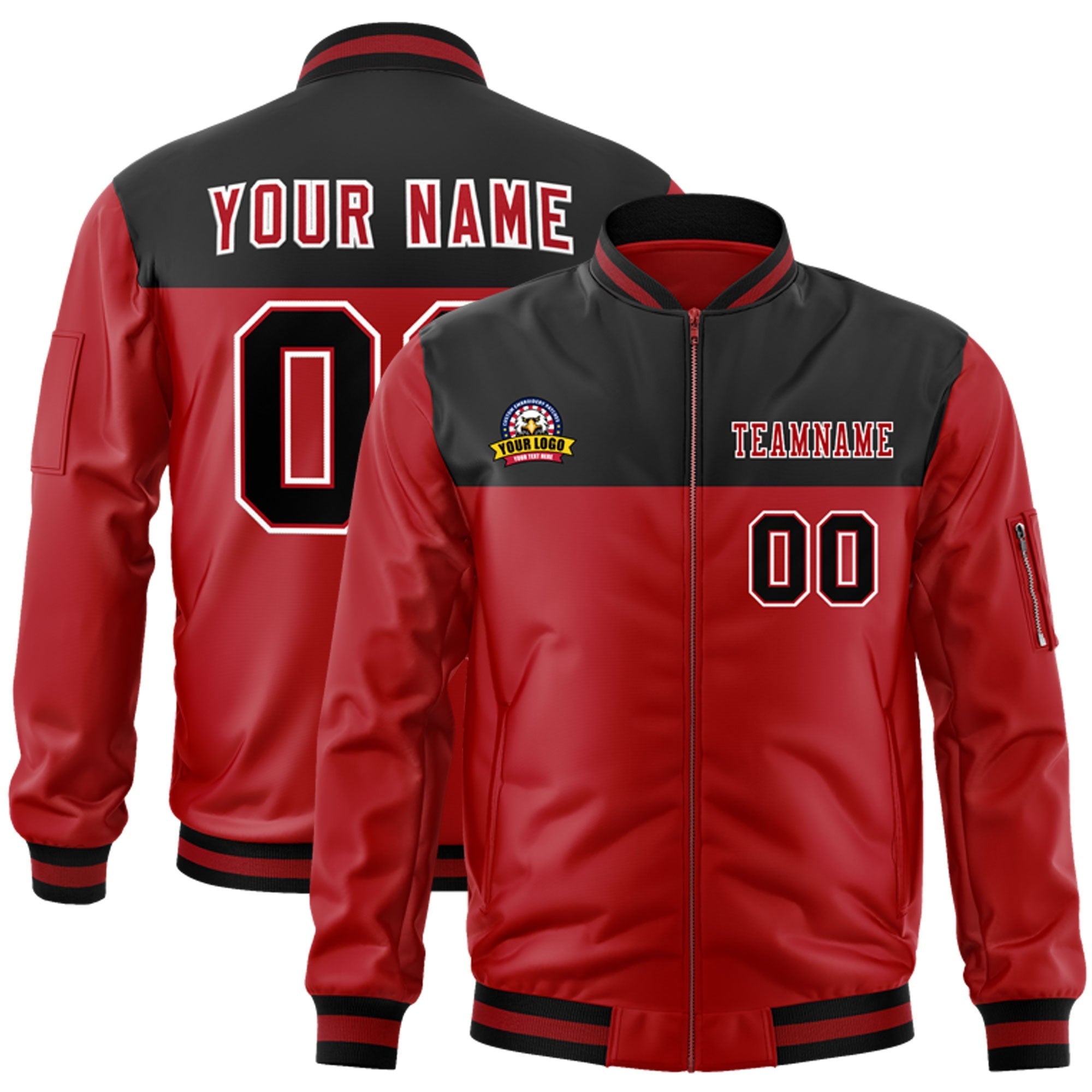 Custom Black Red Varsity Full-Zip Color Block Letterman Bomber Jacket