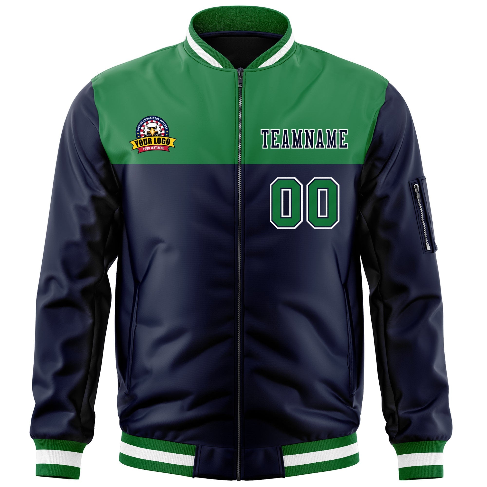 Custom Kelly Green Navy Varsity Full-Zip Color Block Letterman Bomber Jacket