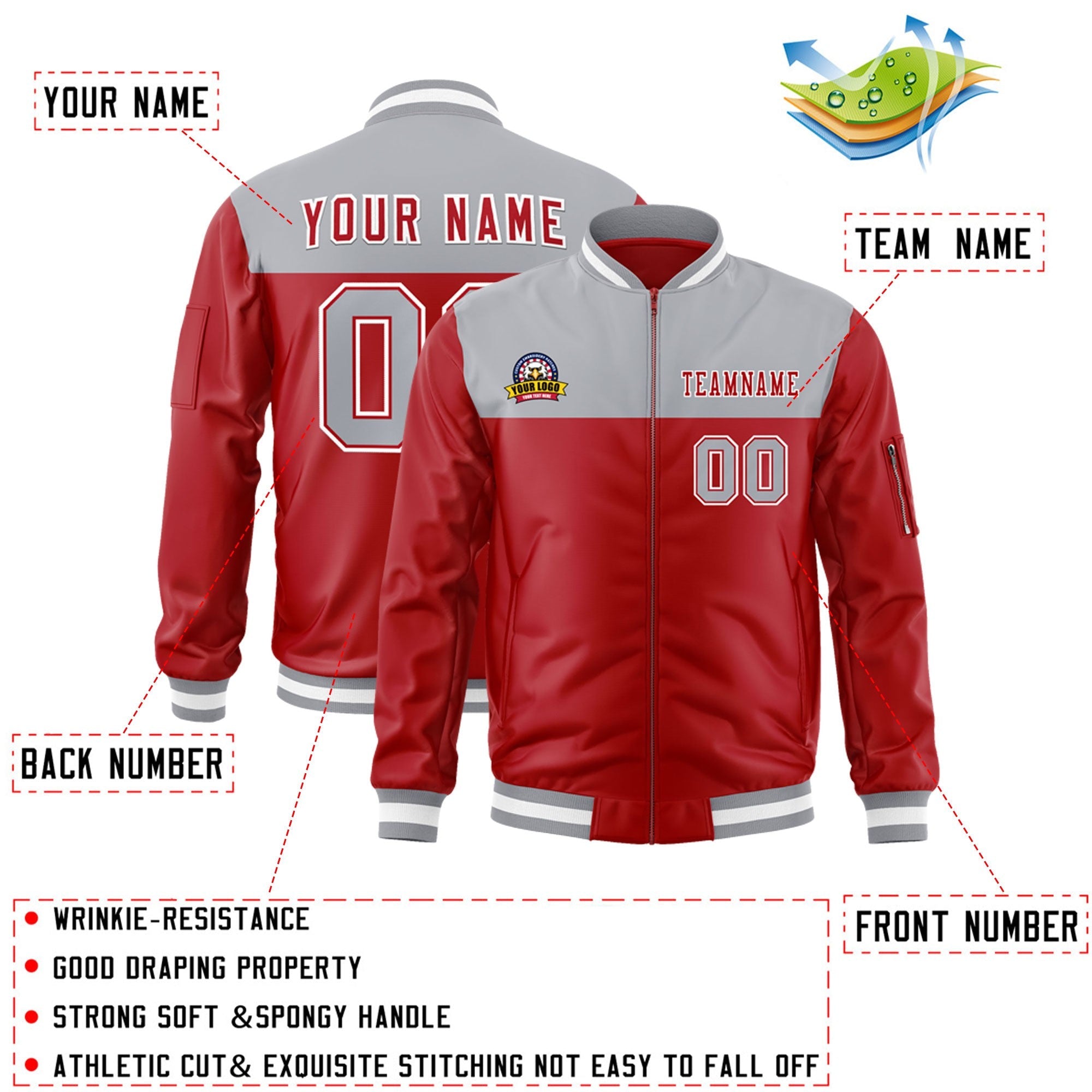 Custom Gray Red Varsity Full-Zip Color Block Letterman Bomber Jacket