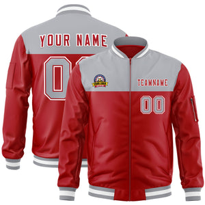 Custom Gray Red Varsity Full-Zip Color Block Letterman Bomber Jacket