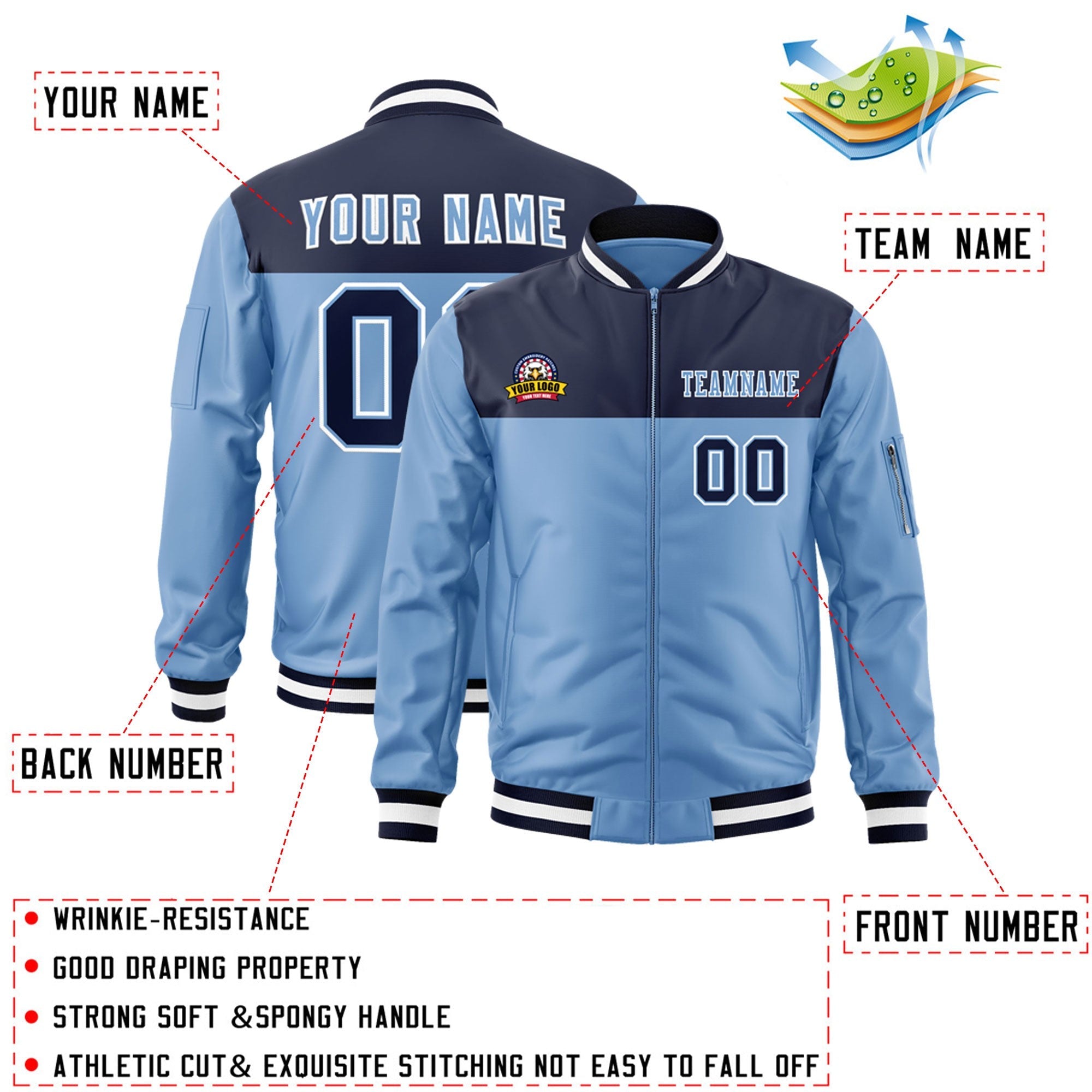 Custom Navy Light Blue Varsity Full-Zip Color Block Letterman Bomber Jacket