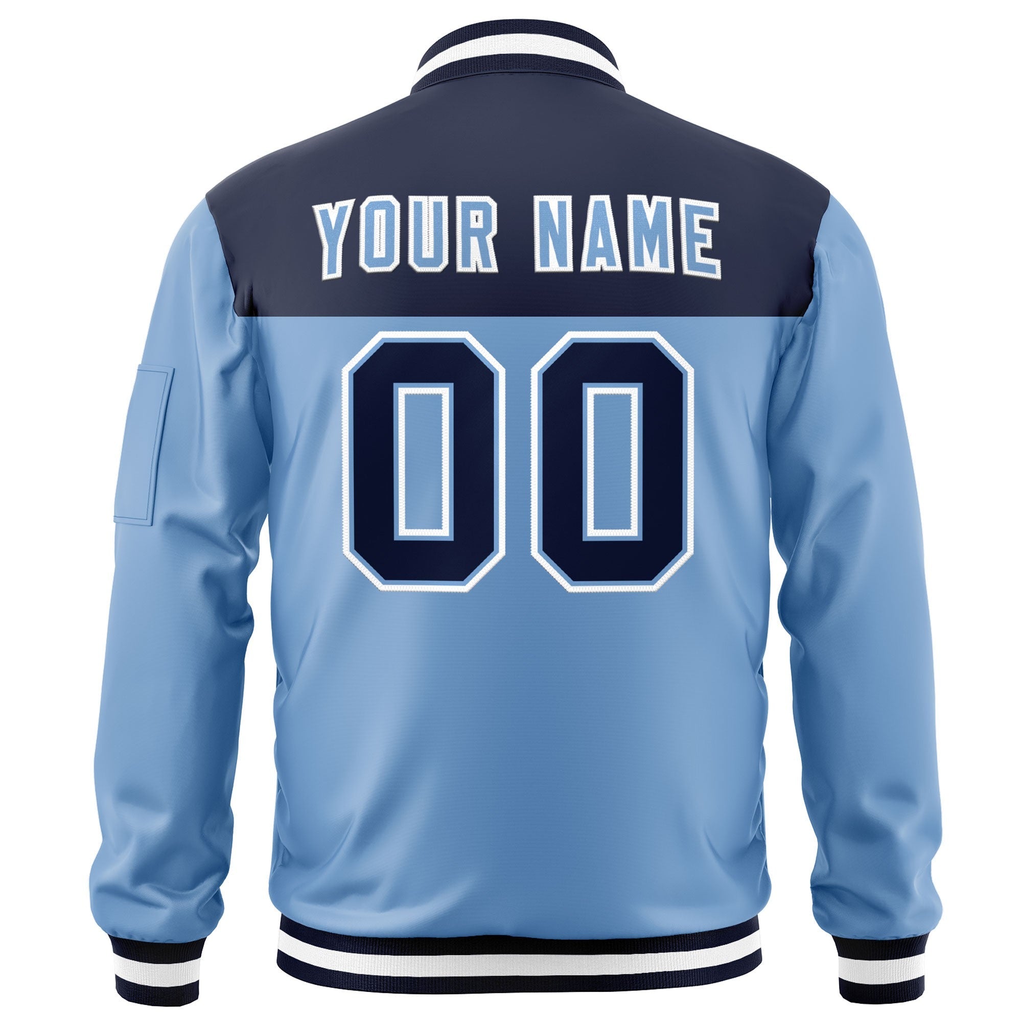 Custom Navy Light Blue Varsity Full-Zip Color Block Letterman Bomber Jacket