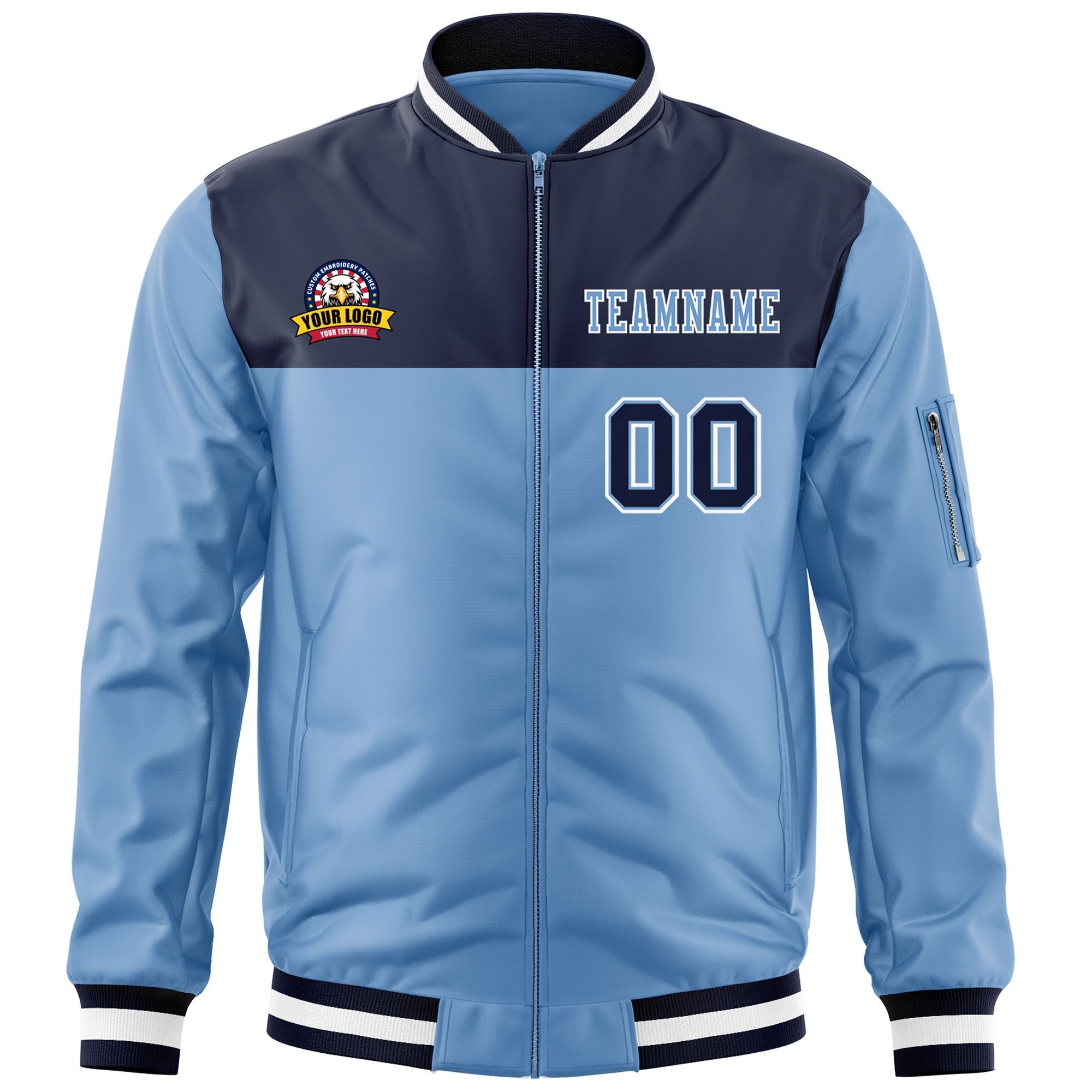 Custom Navy Light Blue Varsity Full-Zip Color Block Letterman Bomber Jacket