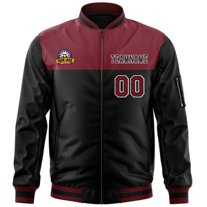 Custom Crimson Black Varsity Full-Zip Color Block Letterman Bomber Jacket