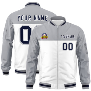 Custom Gray White Varsity Full-Zip Color Block Letterman Bomber Jacket