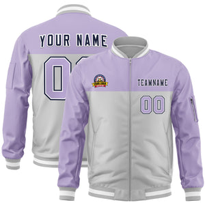 Custom Purple Gray Varsity Full-Zip Color Block Letterman Bomber Jacket