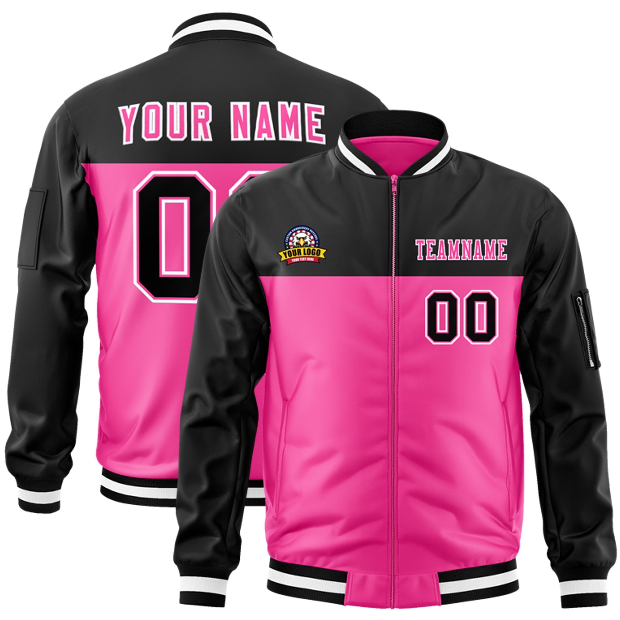 Custom Black Pink Varsity Full-Zip Color Block Letterman Bomber Jacket