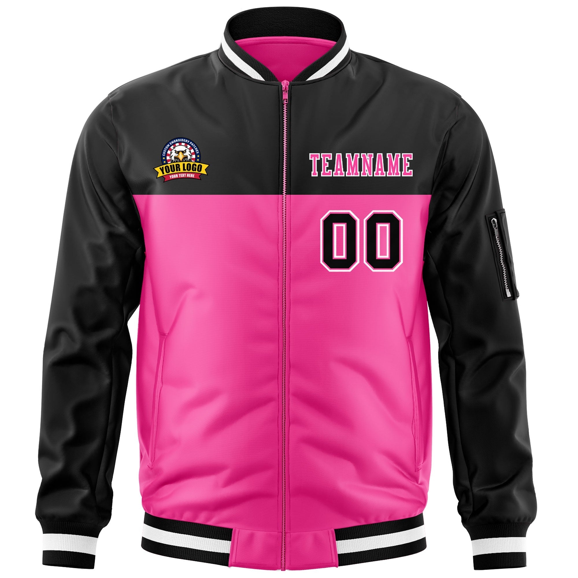 Custom Black Pink Varsity Full-Zip Color Block Letterman Bomber Jacket