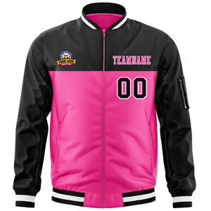 Custom Black Pink Varsity Full-Zip Color Block Letterman Bomber Jacket