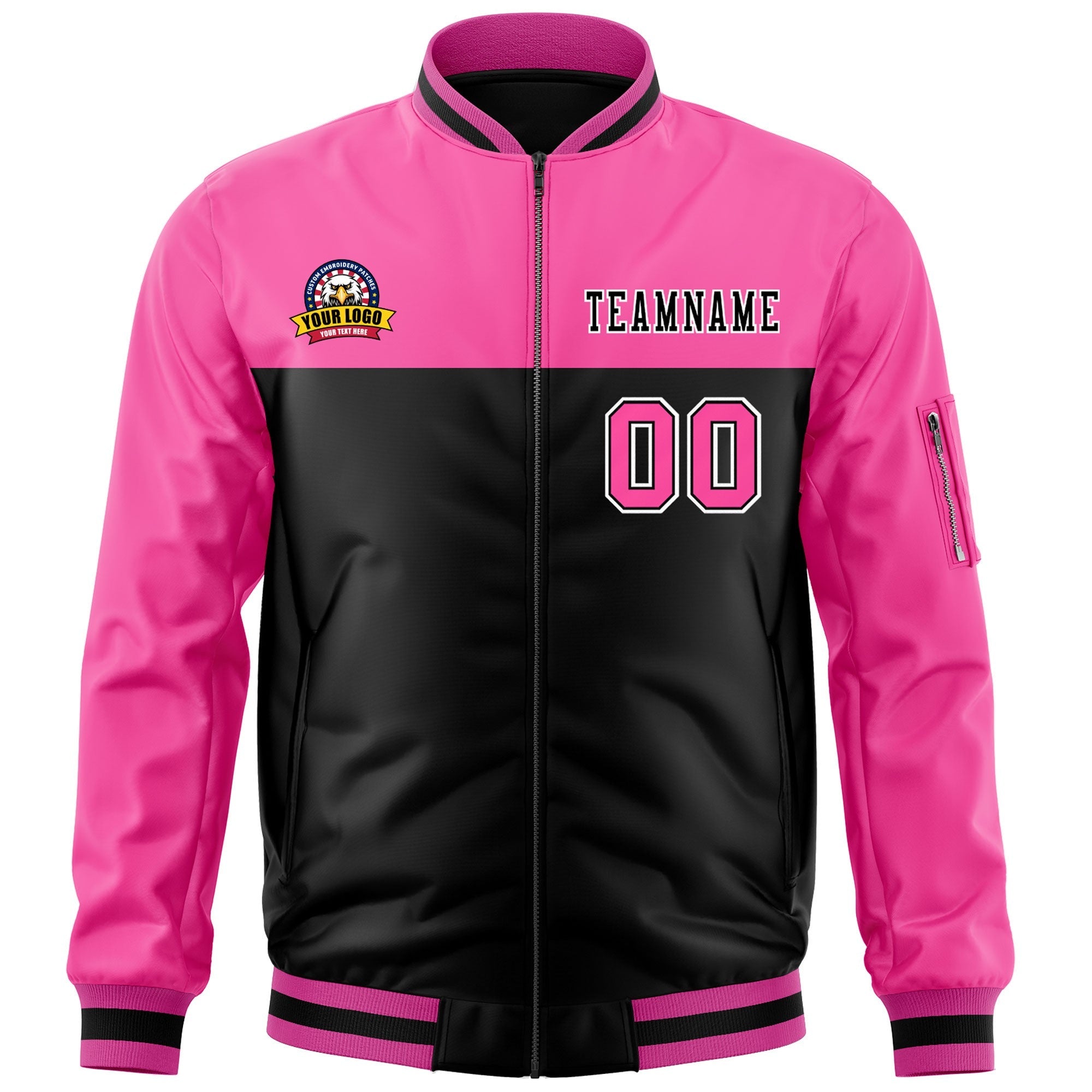 Custom Pink Black Varsity Full-Zip Color Block Letterman Bomber Jacket