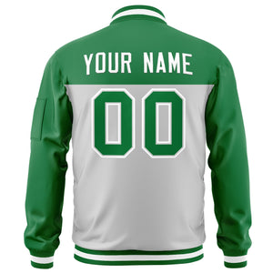 Custom Kelly Green Gray Varsity Full-Zip Color Block Letterman Bomber Jacket