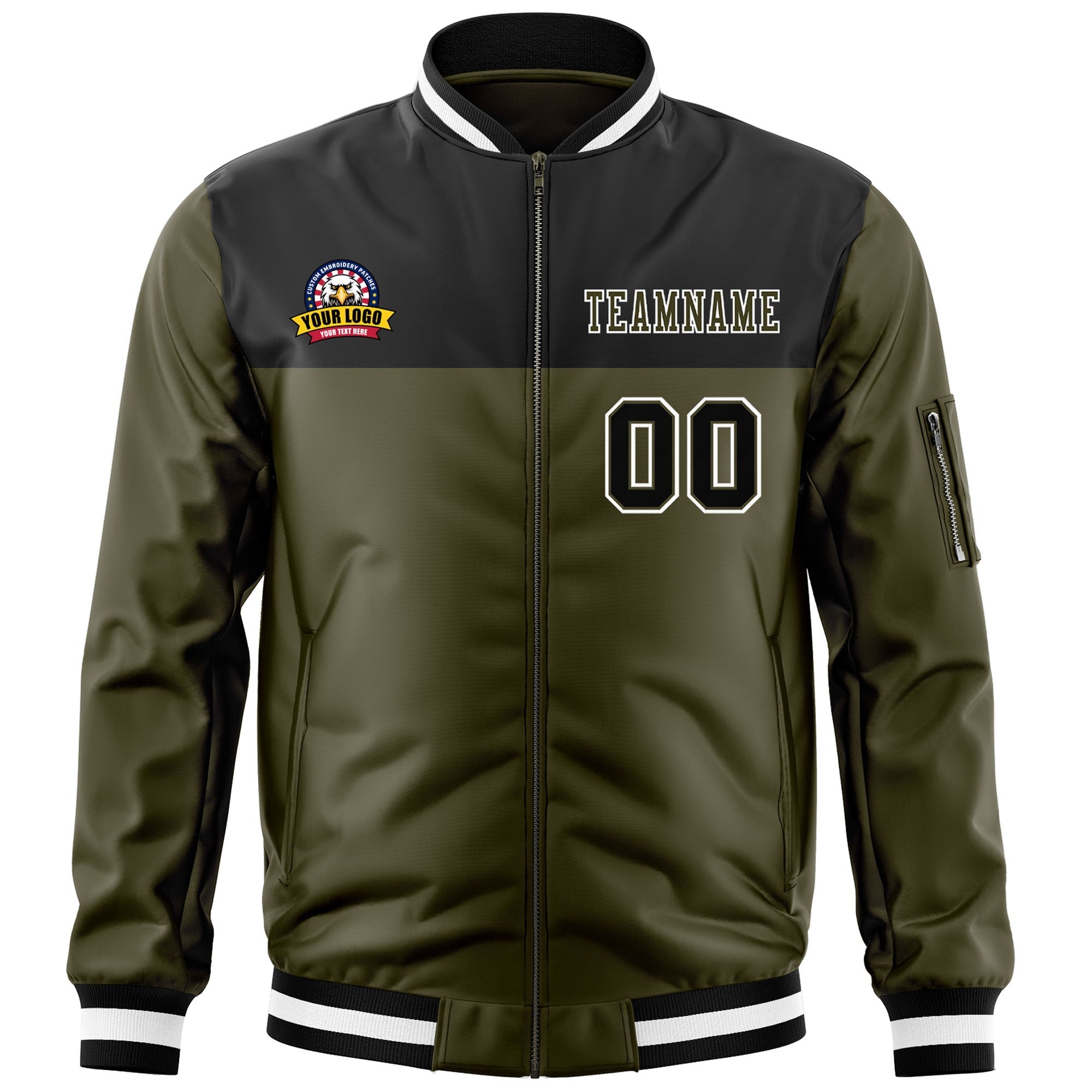 Custom Black Olive Varsity Full-Zip Color Block Letterman Bomber Jacket