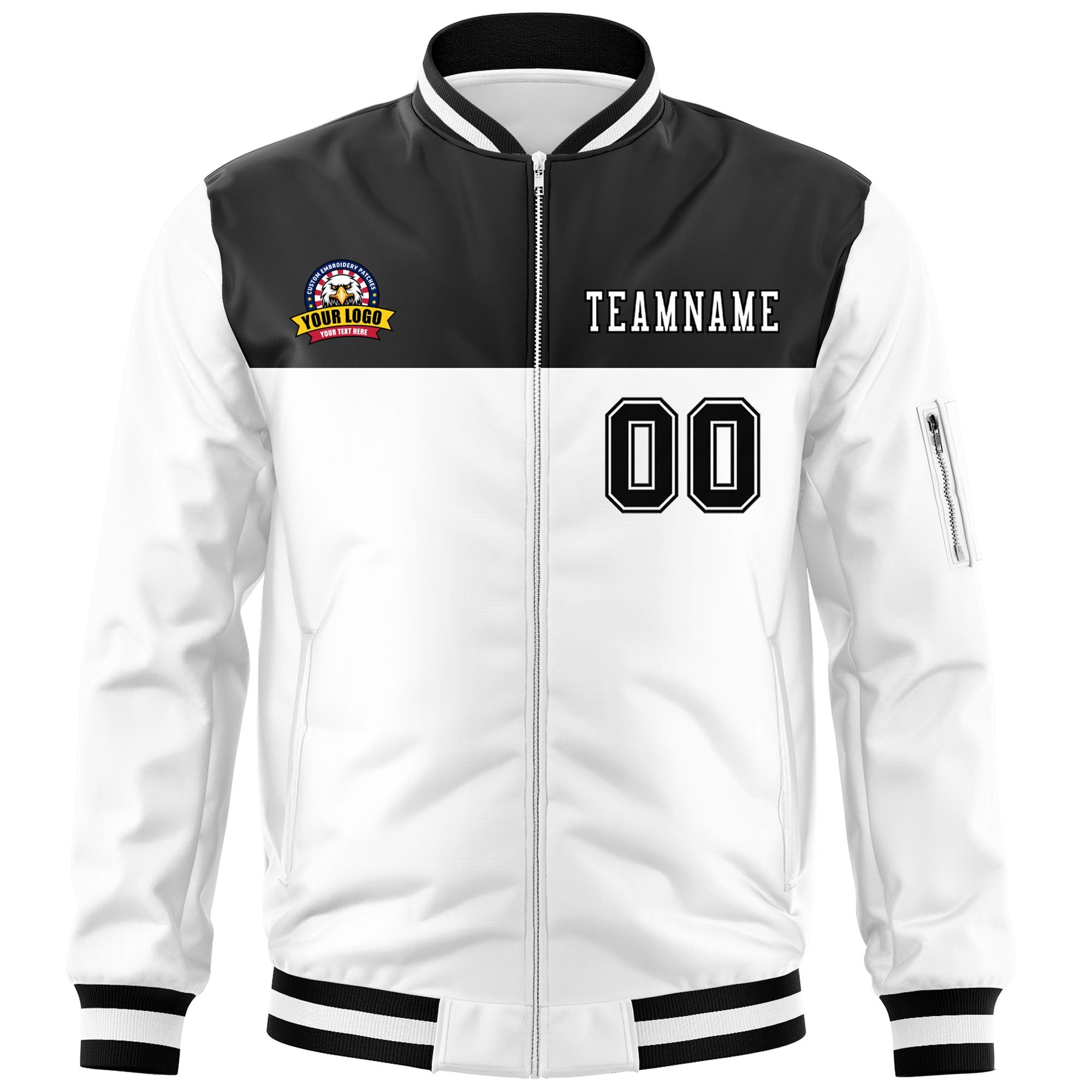 Custom Black White Varsity Full-Zip Color Block Letterman Bomber Jacket