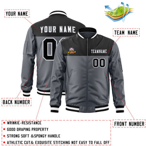 Custom Black Dark Gray Varsity Full-Zip Color Block Letterman Bomber Jacket