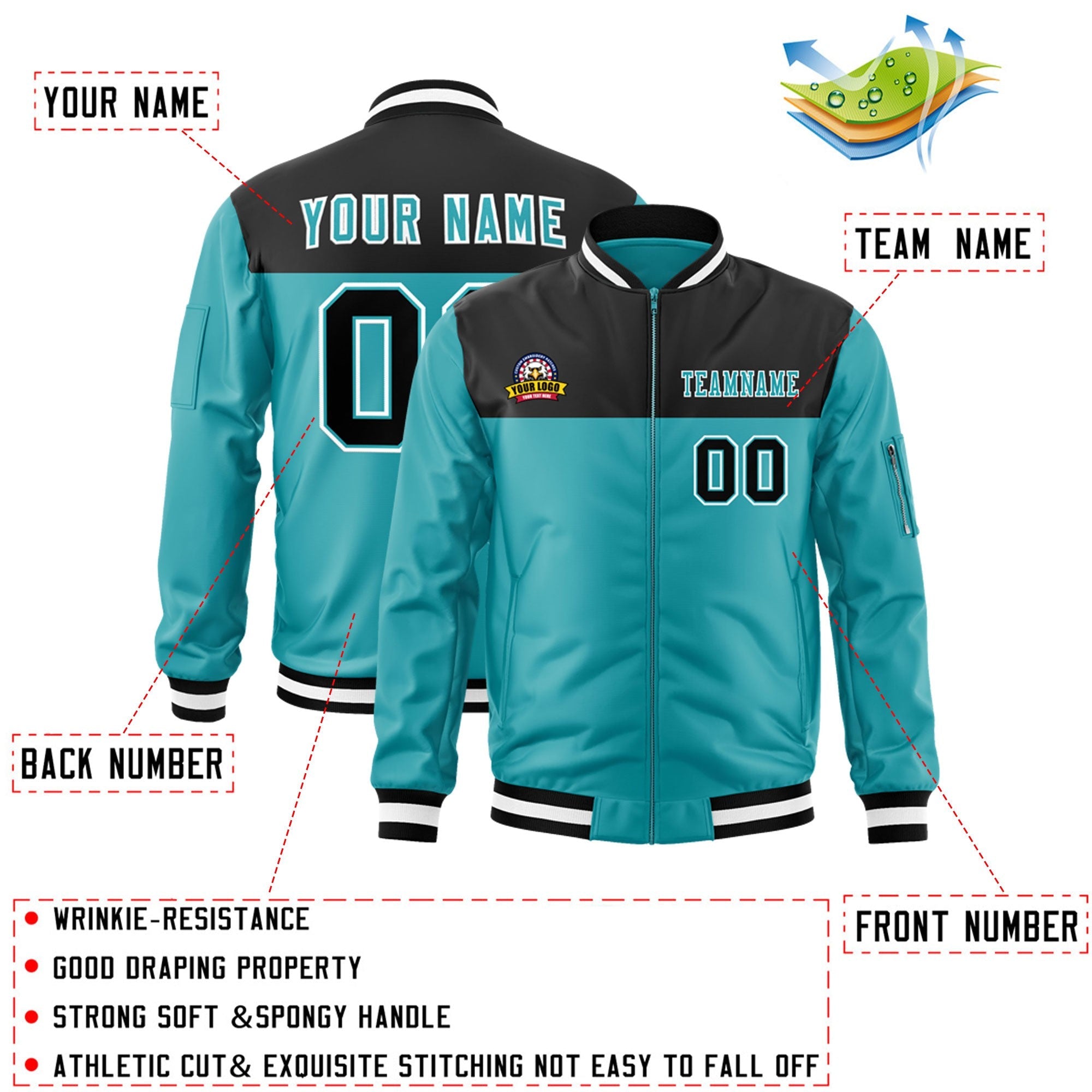 Custom Black Aqua Varsity Full-Zip Color Block Letterman Bomber Jacket