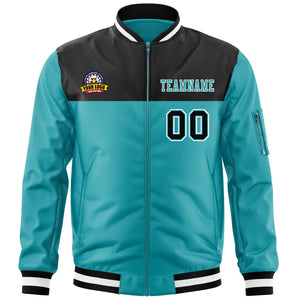 Custom Black Aqua Varsity Full-Zip Color Block Letterman Bomber Jacket