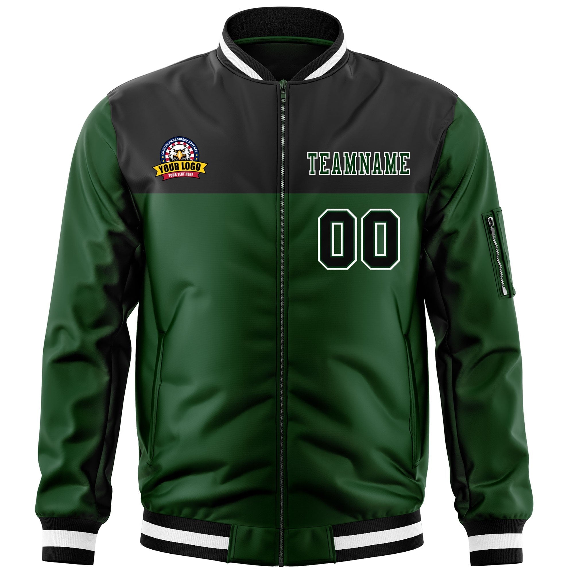 Custom Black Green Varsity Full-Zip Color Block Letterman Bomber Jacket