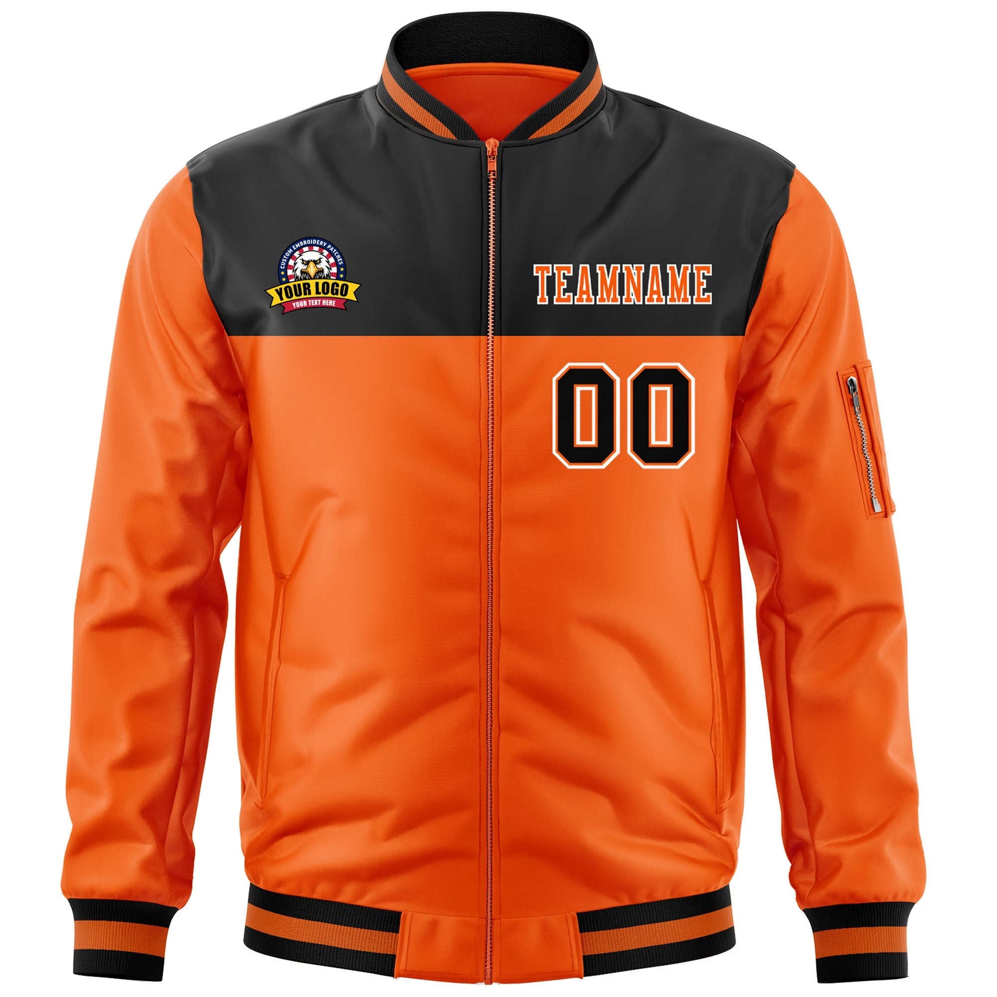 Custom Black Orange Varsity Full-Zip Color Block Letterman Bomber Jacket