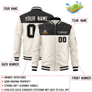 Custom Black Cream Varsity Full-Zip Color Block Letterman Bomber Jacket