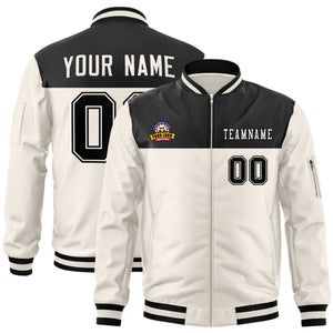 Custom Black Cream Varsity Full-Zip Color Block Letterman Bomber Jacket